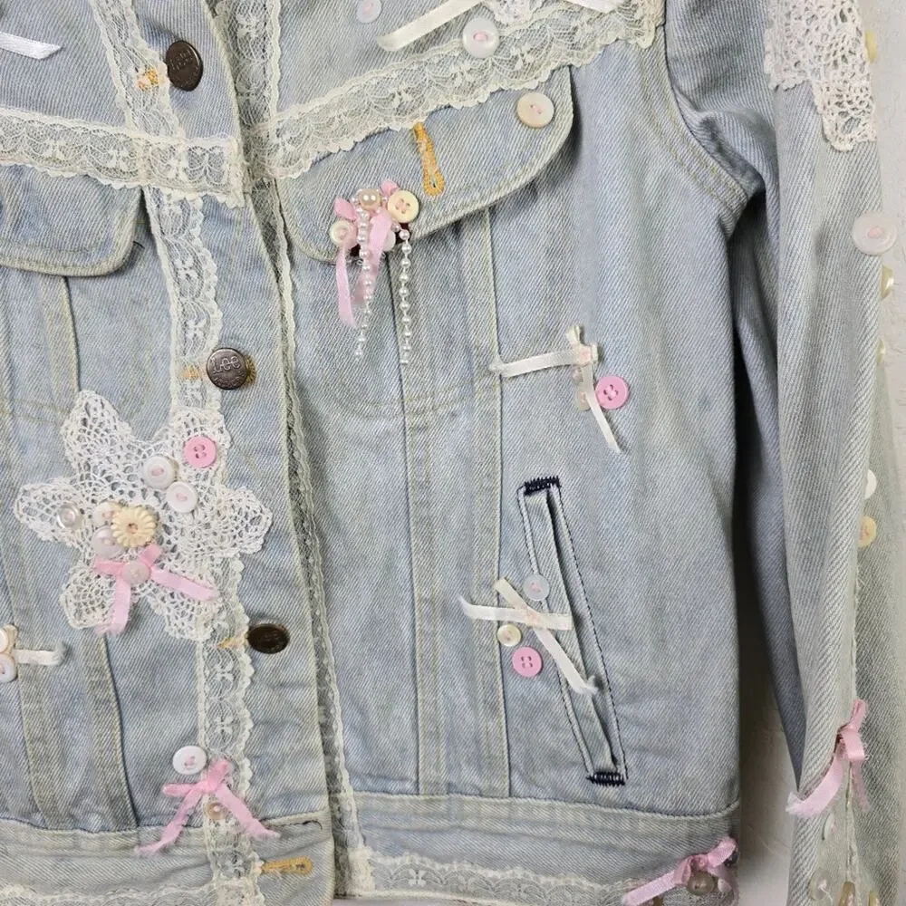 Coquette Fairycore Denim Jacket Size 14  Lace Pink Bows Embellished Button Up